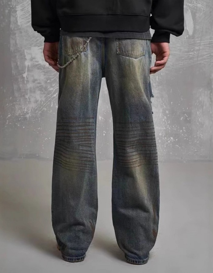 Loose Straight Slim-fit Waste Soil Blue With Holes Jeans