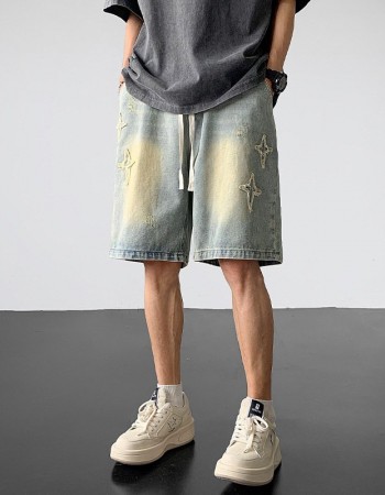 Men's Light-Colored Star-Print Raw-Hem Drawstring Cropped Denim Shorts