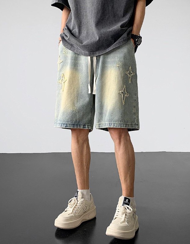 Men's Light-Colored Star-Print Raw-Hem Drawstring Cropped Denim Shorts