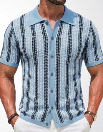 Men's Short-Sleeve Striped Knitted Cardigan Jacquard Polo Shirt