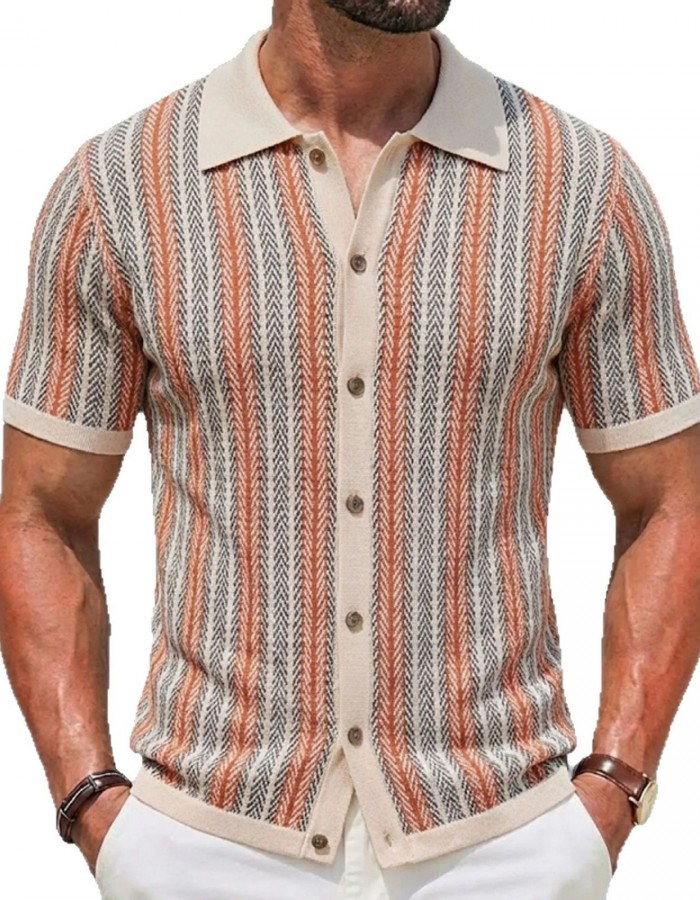 Men's Short-Sleeve Striped Knitted Cardigan Jacquard Polo Shirt