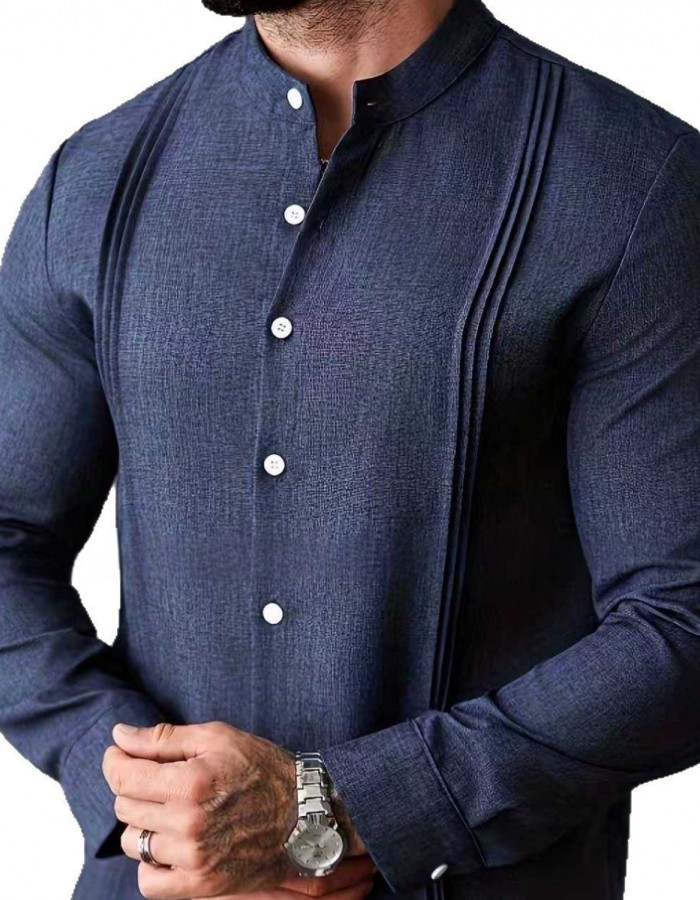 Mens Solid Color Stand Collar Single-Breasted Long-Sleeve Shirt