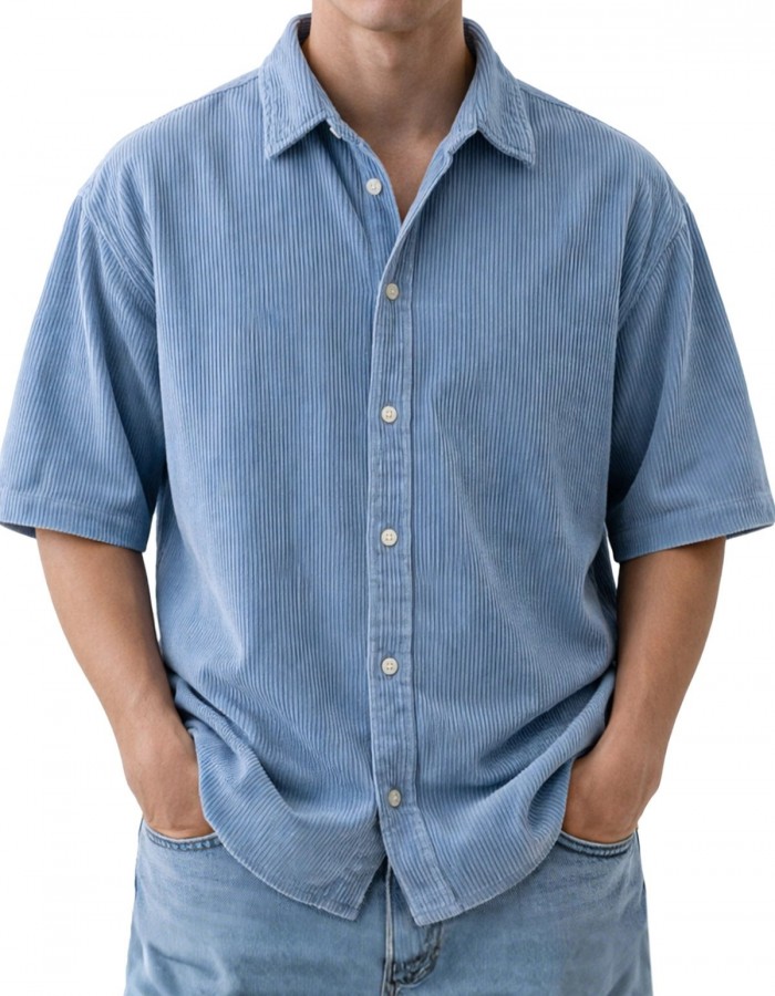 Mens Loose-Fit Solid-Color Corduroy Short-Sleeve Shirt