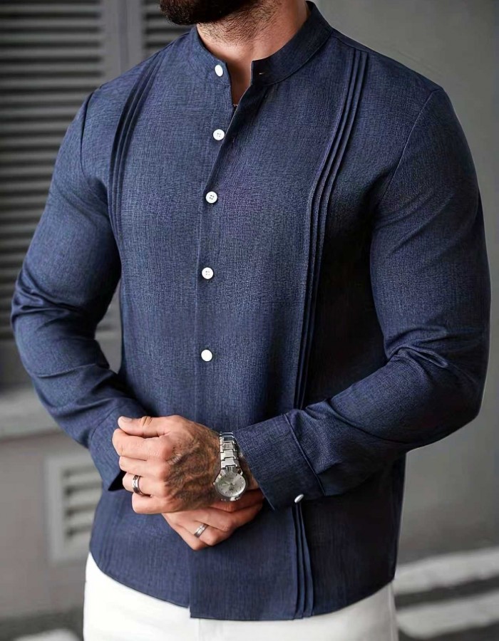 Mens Solid Color Stand Collar Single-Breasted Long-Sleeve Shirt