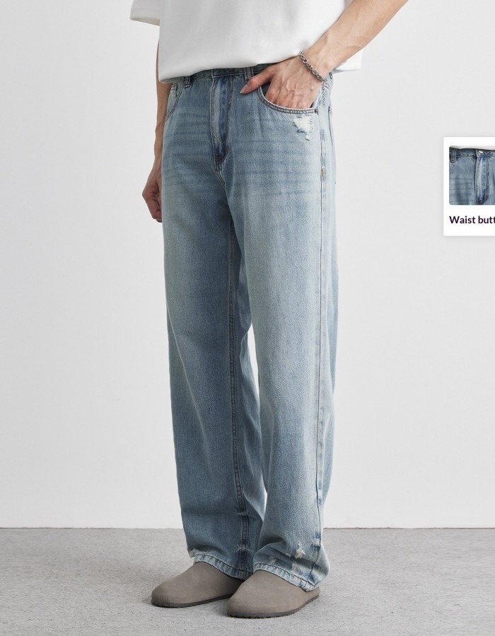 Light-wash Mens Ripped Straight-leg Jeans