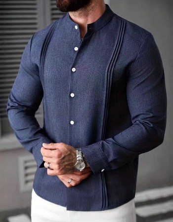 Mens Solid Color Stand Collar Single-Breasted Long-Sleeve Shirt