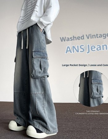 Washed Vintage Denim Men's Versatile Wide-Leg Multi-Pocket Casual Pants