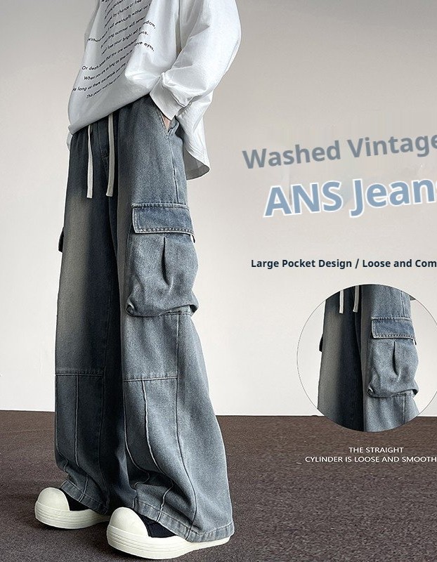 Washed Vintage Denim Men's Versatile Wide-Leg Multi-Pocket Casual Pants