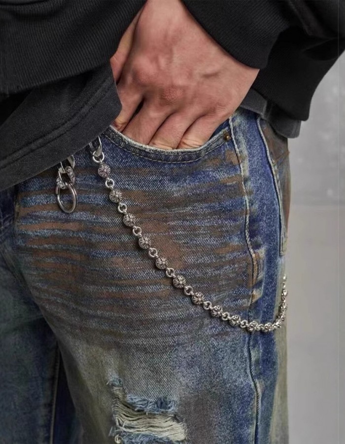 Loose Straight Slim-fit Waste Soil Blue With Holes Jeans