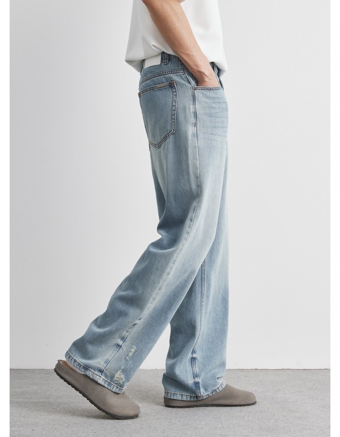 Light-wash Mens Ripped Straight-leg Jeans