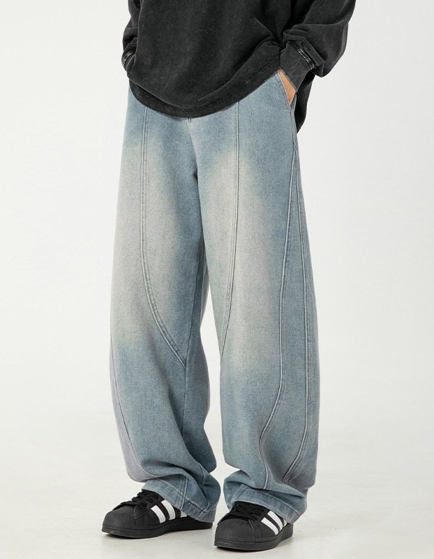Wide-leg Washed Denim Jeans Mens Loose Casual Pants