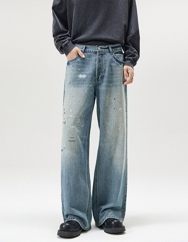 Neutral Wide Leg Mopping Dirty Splash-ink Distressed Design Jeans