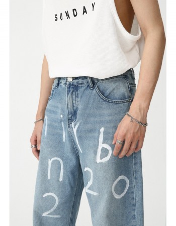 New Loose Wide-leg Mopping Jeans Personalized Digital Printing