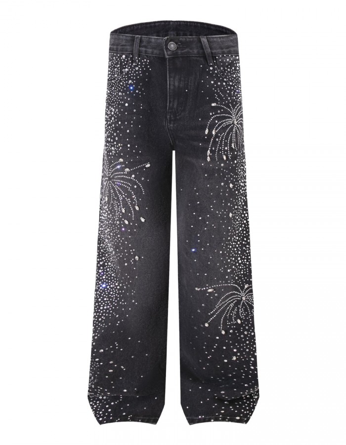 Men's High Street Washed Straight Full Diamond Design Jeans