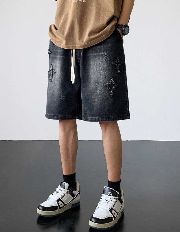 Men's Light-Colored Star-Print Raw-Hem Drawstring Cropped Denim Shorts