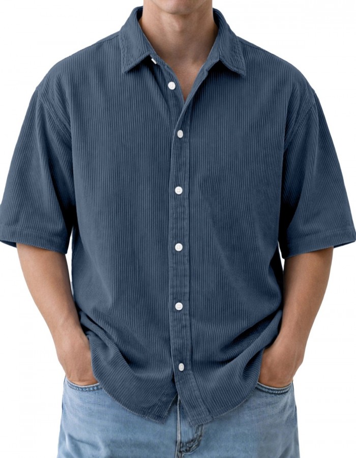 Mens Loose-Fit Solid-Color Corduroy Short-Sleeve Shirt