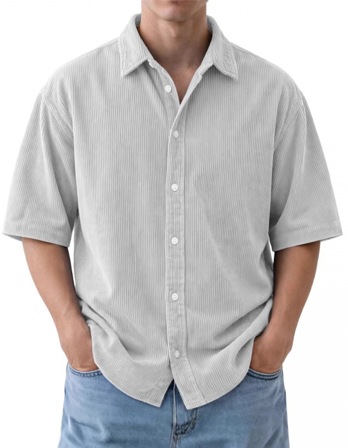 Mens Loose-Fit Solid-Color Corduroy Short-Sleeve Shirt