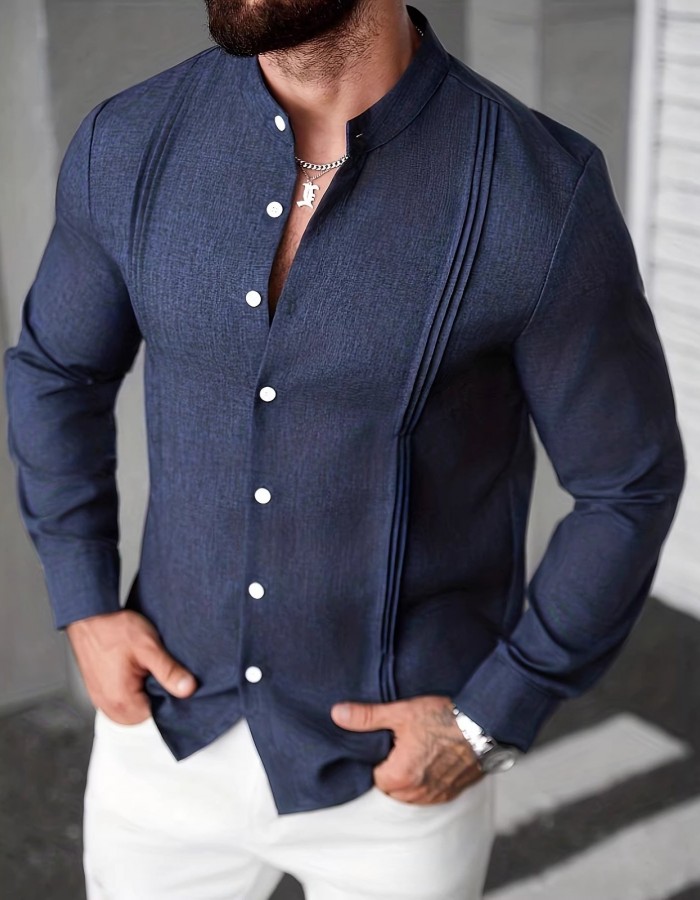 Mens Solid Color Stand Collar Single-Breasted Long-Sleeve Shirt