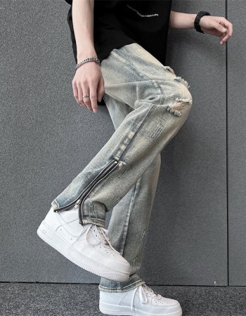 Mens SpringSummer Loose-Fit Denim Jeans With A Side Zipper