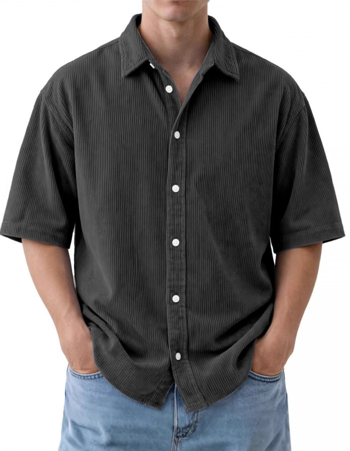 Mens Loose-Fit Solid-Color Corduroy Short-Sleeve Shirt