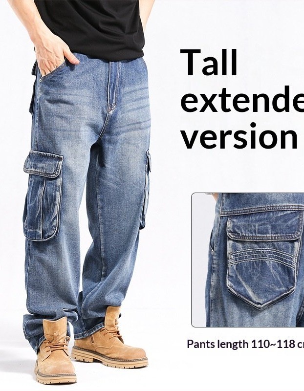 Tall Plus-size Stylish Wide-leg Jeans With Multiple Pockets