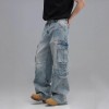 Washed Multi-Pocket Workwear Denim Jeans Mens Casual Wide-Leg Pants