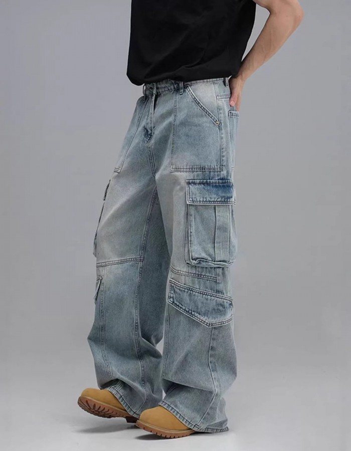 Washed Multi-Pocket Workwear Denim Jeans Mens Casual Wide-Leg Pants