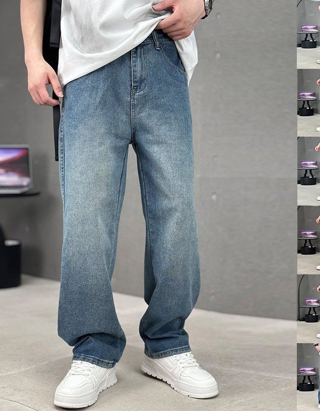 Fashion Pockets Jeans Men's Wide-leg Straight Trousers Versatile Casual Long Pants Streetwear Clothing