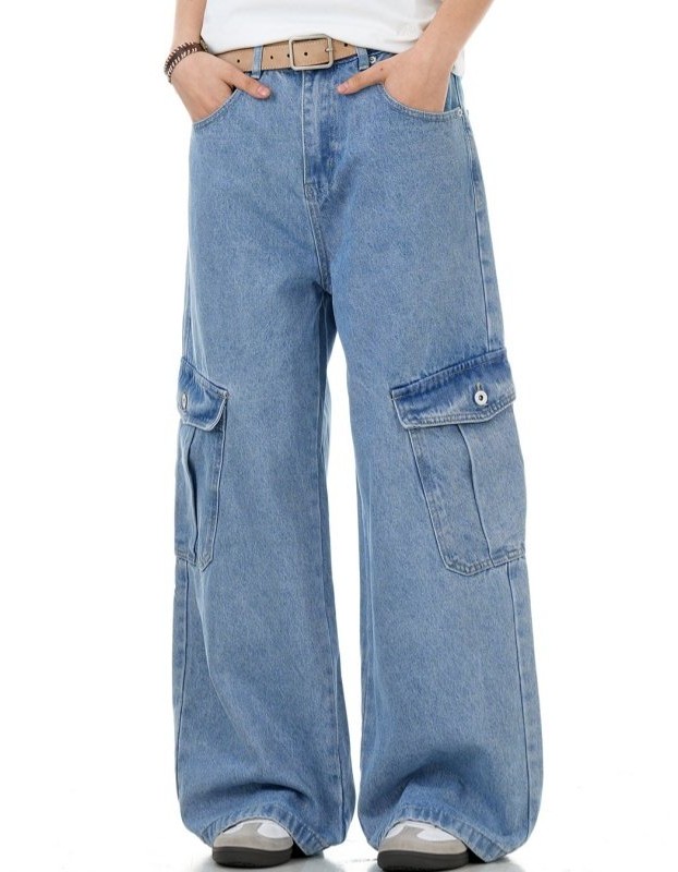 Ocean Blue Workwear Denim Jeans With Multiple Pockets Retro Style